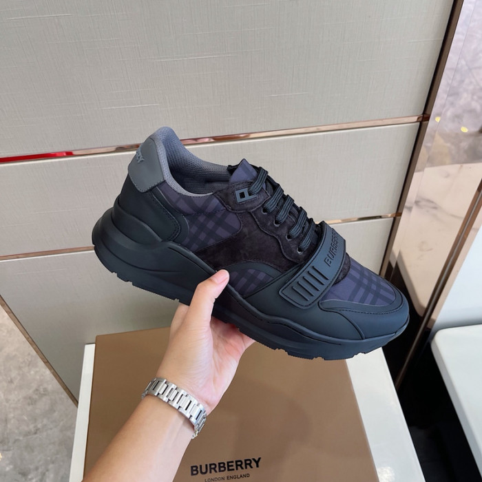 B**rry vintage check, leather and mesh sneakers